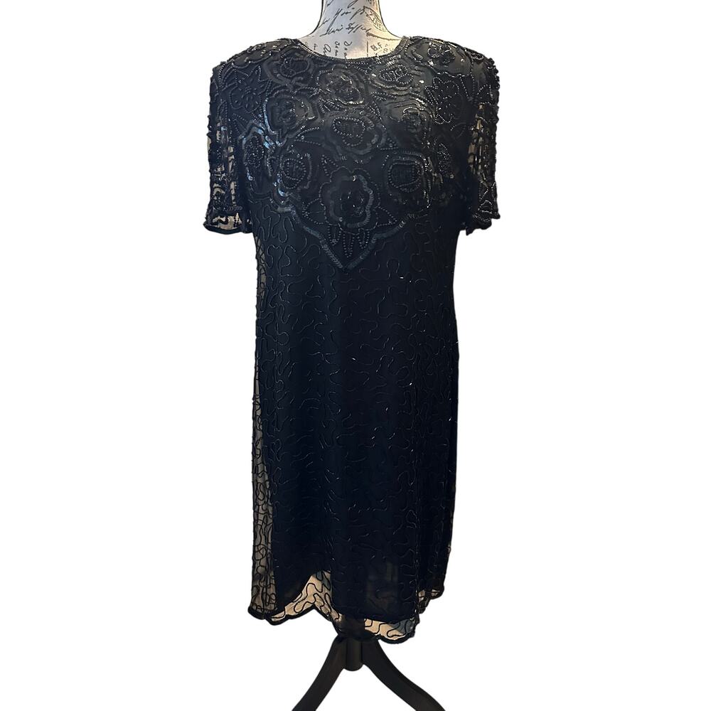 EUC Vintage 90’s Sweetlo Black Beaded Silk Dress Size XL Gatsby Romantic Holiday